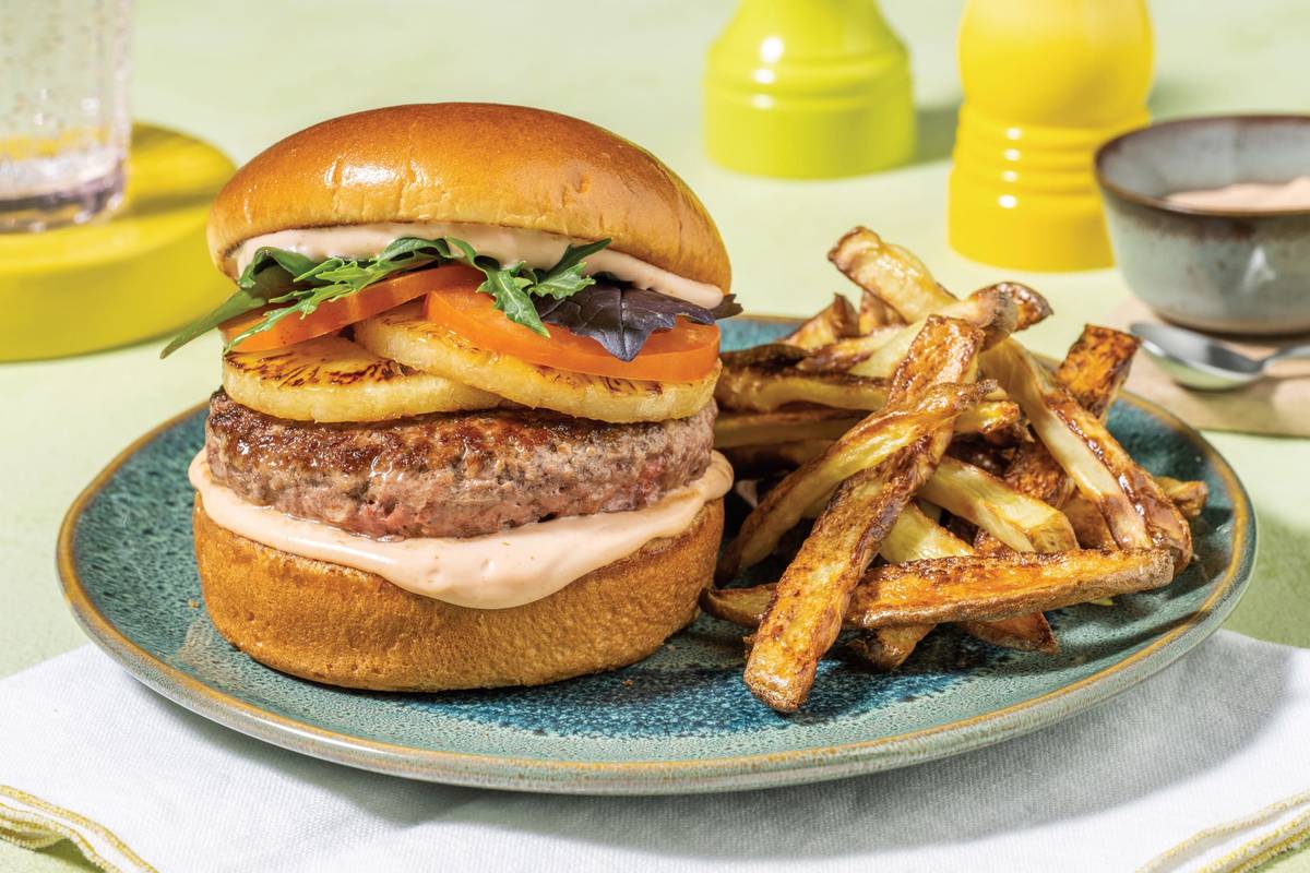 Cheesy Caribbean Beef & Charred Pineapple Burger