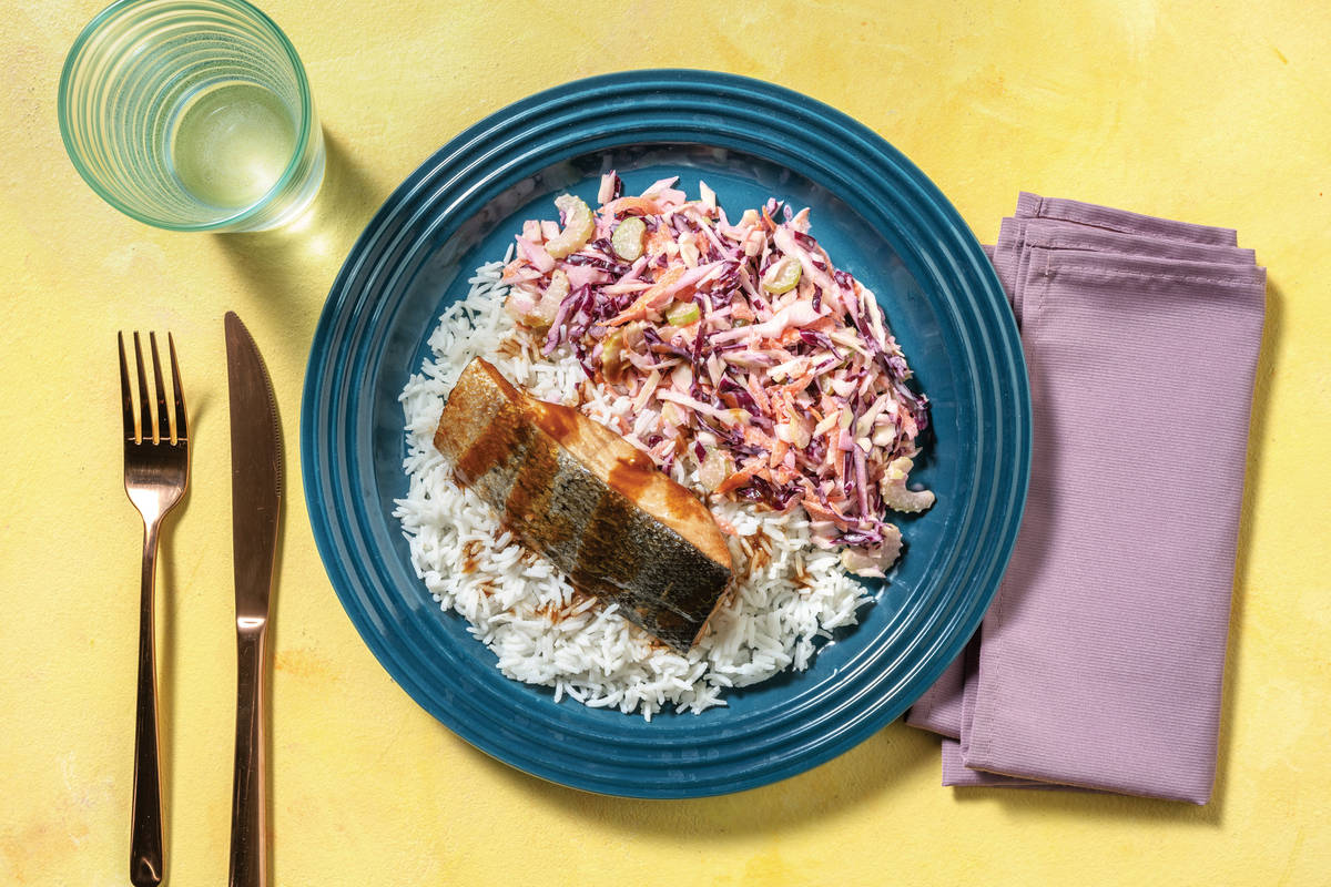 Teriyaki & Ginger-Baked Salmon with Butter Rice & Creamy Slaw