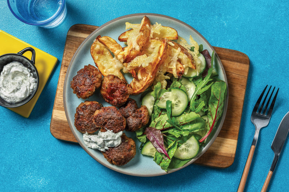 Mediterranean Beef Rissoles & Cheesy Wedges