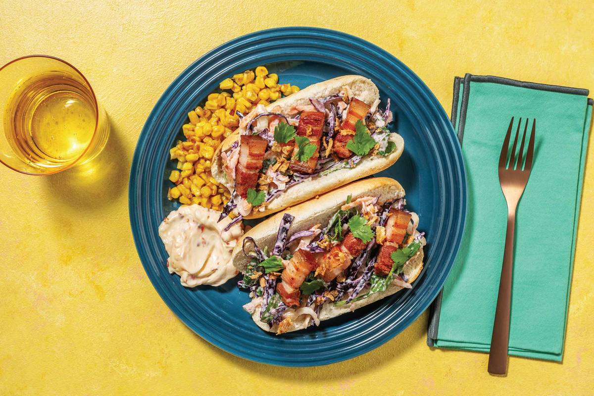 Asian Pork Belly Rolls & Creamy Slaw with Charred Corn & Sweet Chilli Aioli