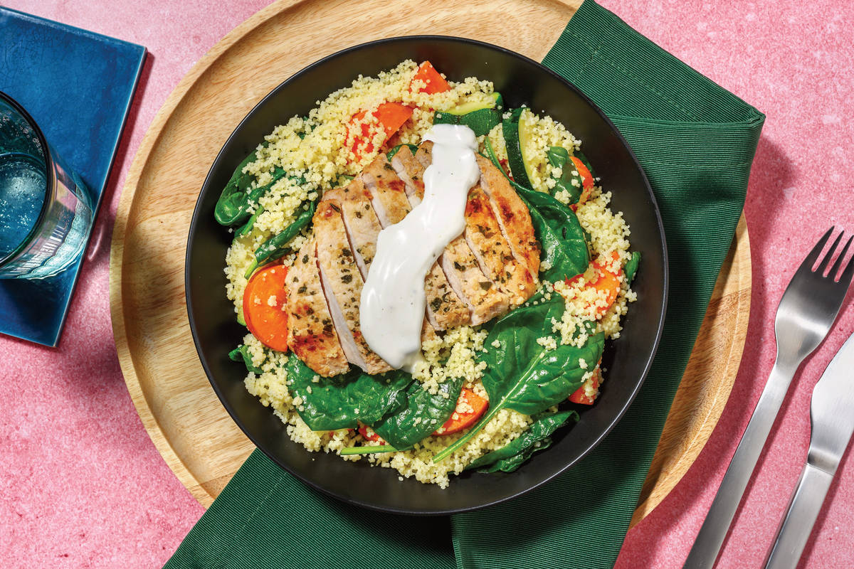 Garlicky Chicken Steaks & Veggie Couscous