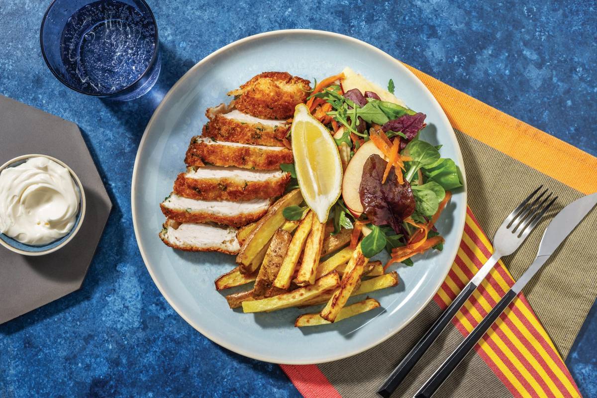Cheesy Herby Crumbed Chicken & Potato Fries