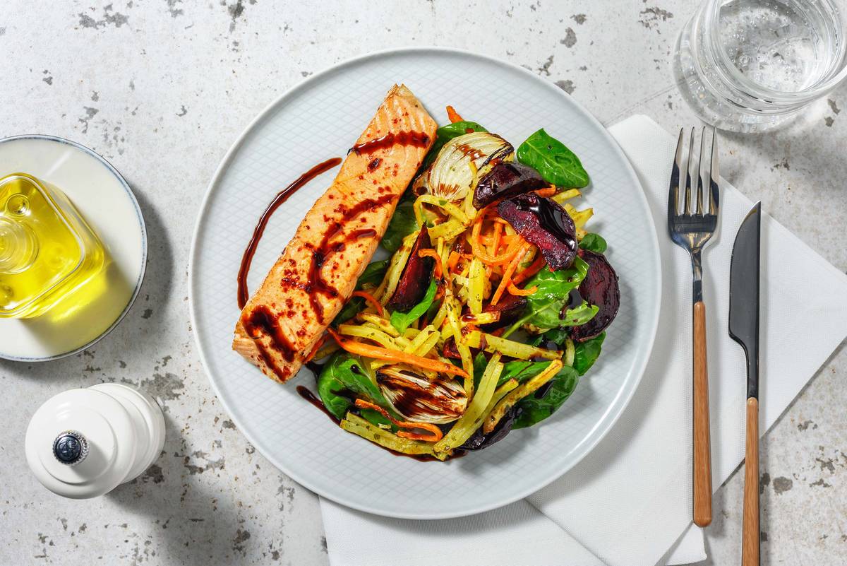 Double Zesty-Spiced Salmon & Summer Veggie Toss