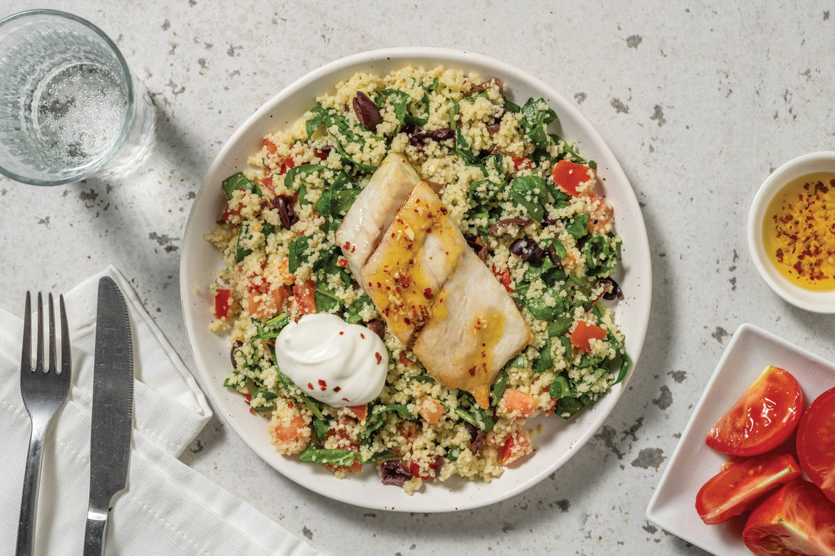 Quick Double Garlic-Chilli Barramundi & Olive Couscous