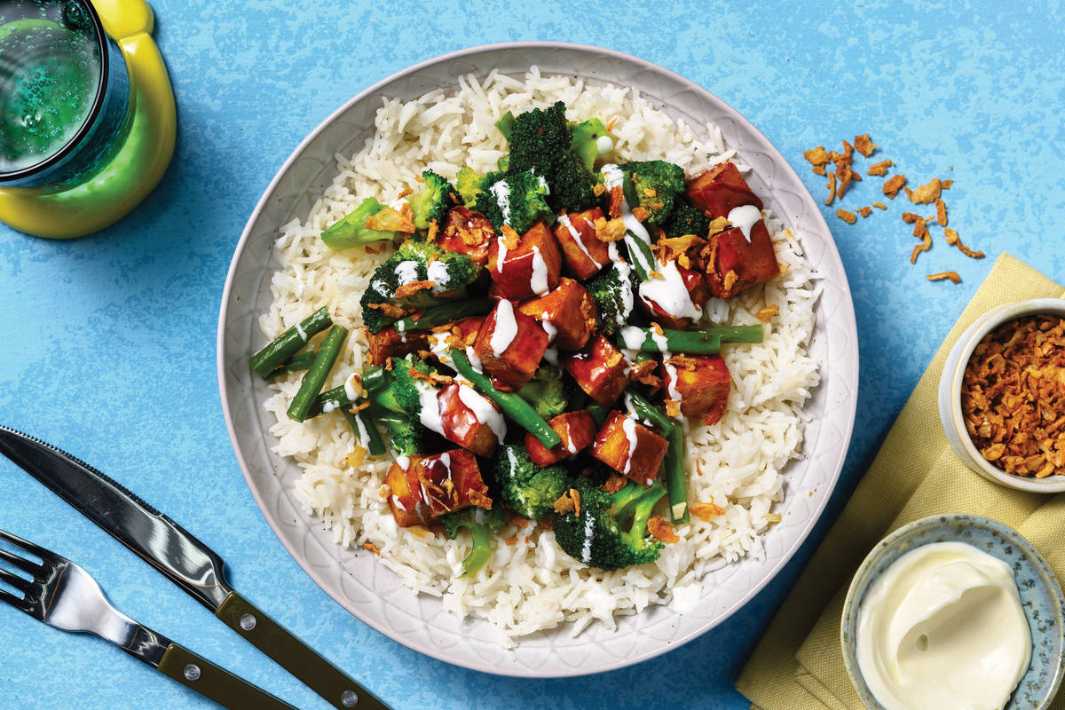 Sticky Chicken, Tofu & Garlicky Greens Stir-Fry