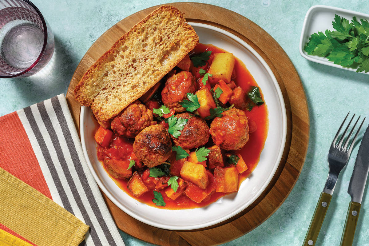 Irish Beef Meatball & Roast Veggie Stew