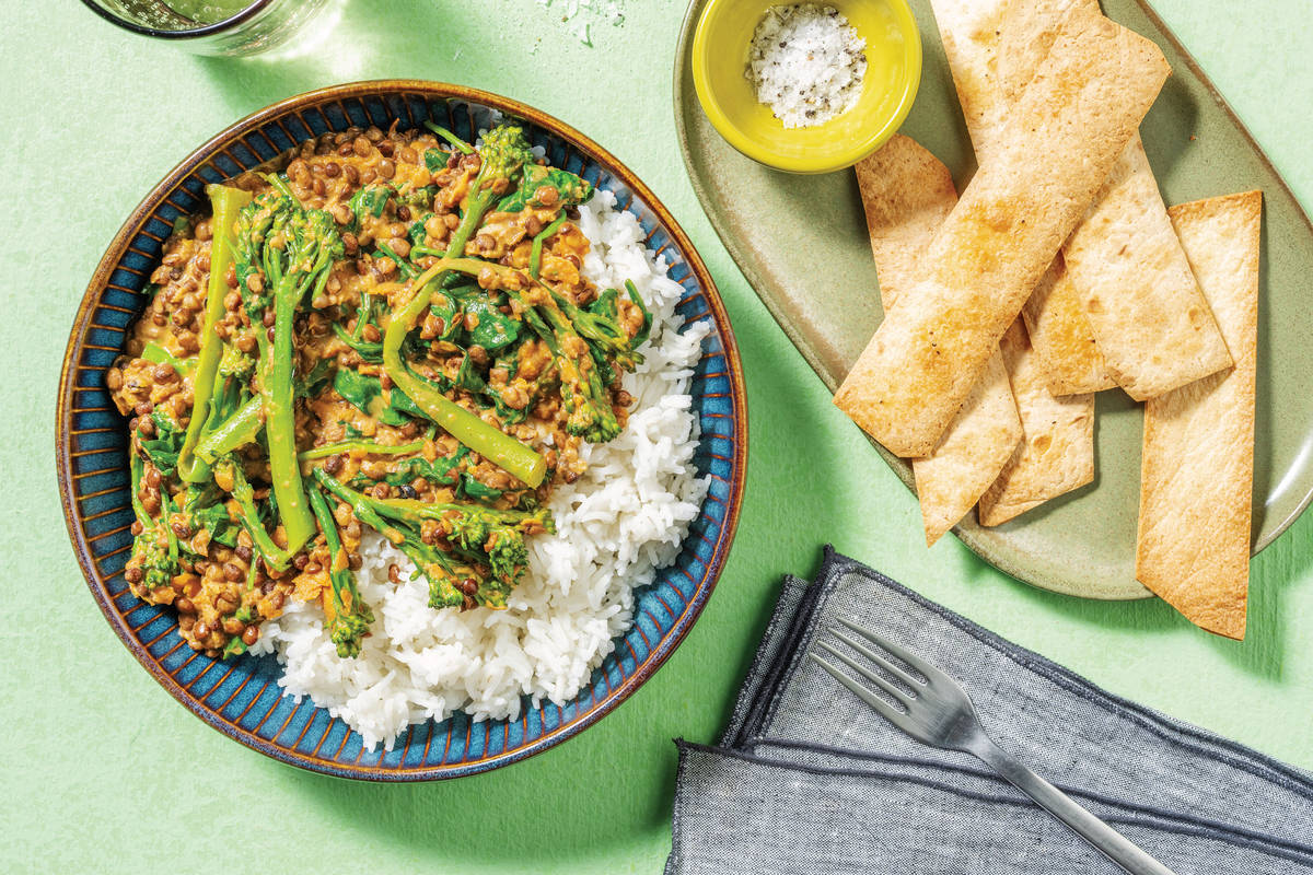 Indian Coconut Lentils, Baby Kale & Garlic Rice