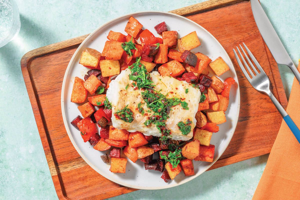 HelloHero: Double White Fish & Spiced Veggie Traybake