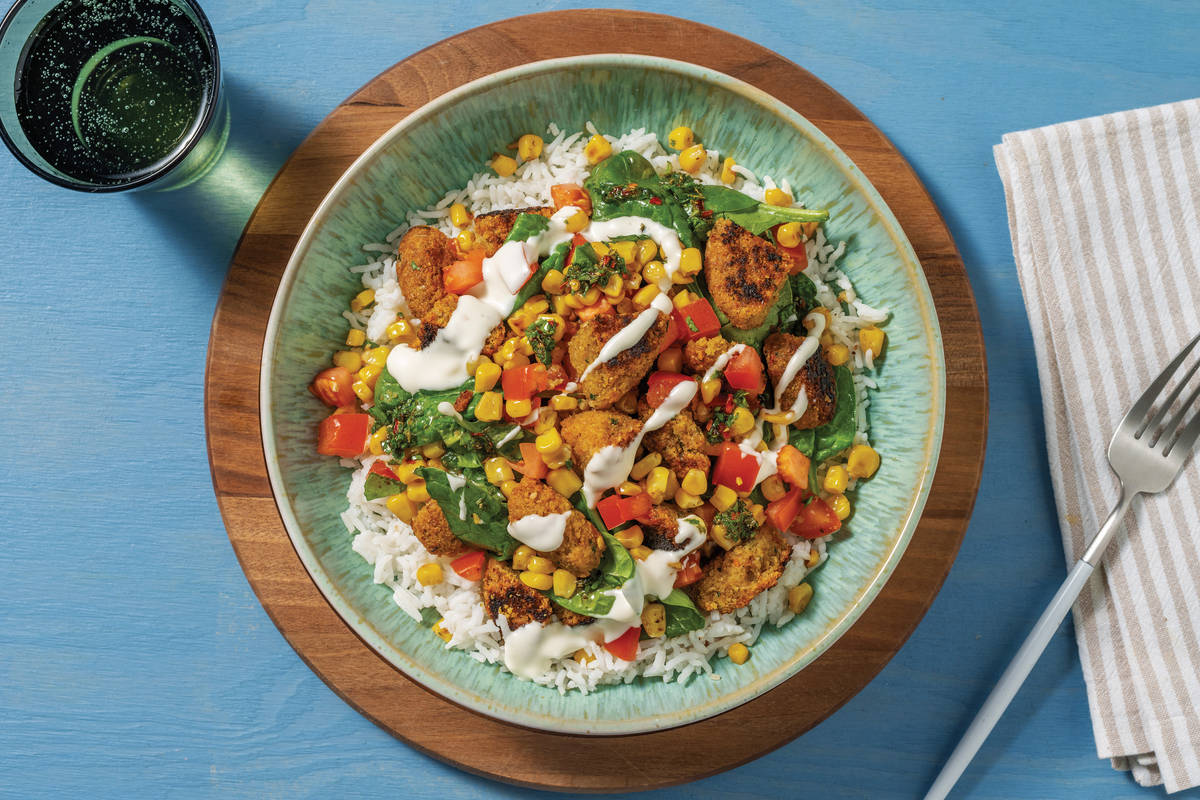 Falafel, Haloumi & Charred Corn Salsa Toss