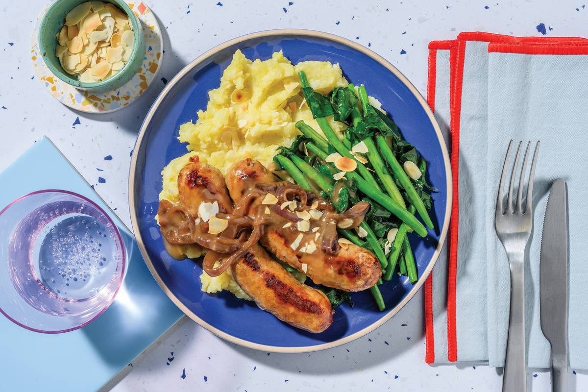 Pork Sausages & Mustardy Cauli-Potato Mash
