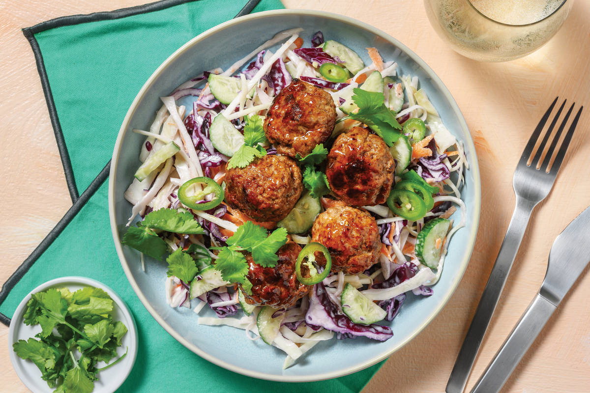 Easy Teriyaki Pork Meatballs & Asian Slaw