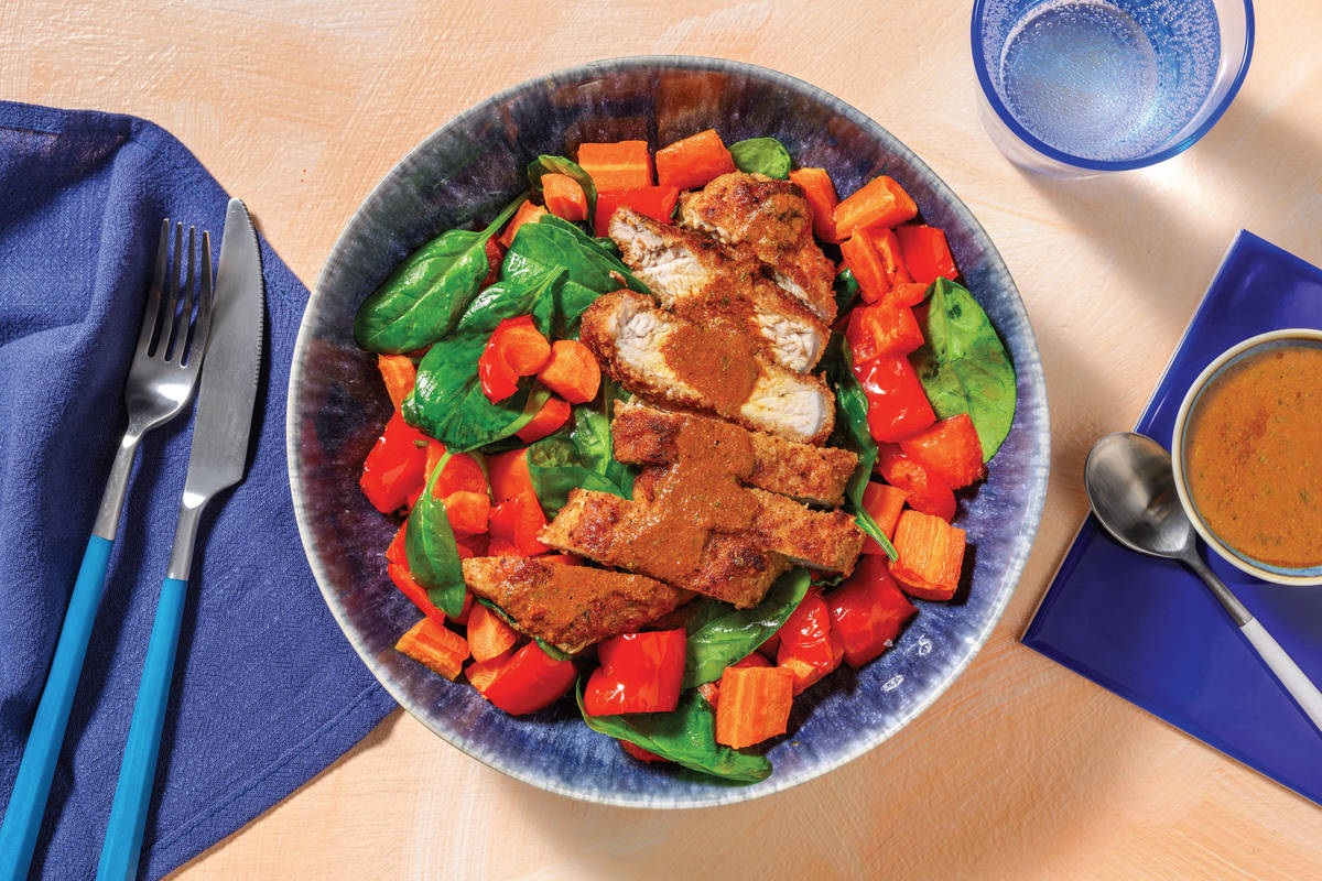 Chicken Schnitzel & Roast Capsicum Veggie Toss