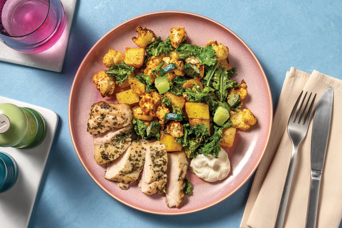 Double Garlic Chicken & Cauliflower-Kale Traybake