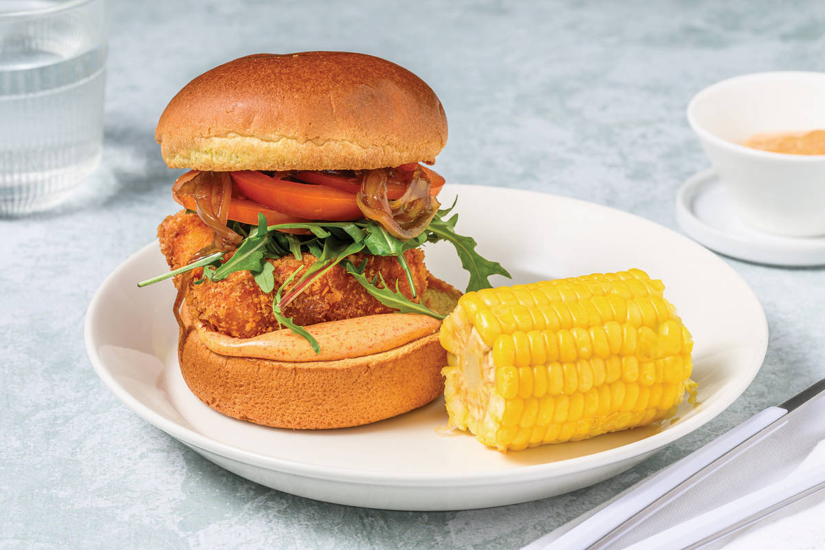 Crumbed Haloumi & Caramelised Bacon-Onion Burger