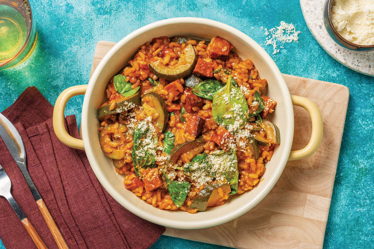 Double Oven-Baked Chorizo & Veggie Risotto