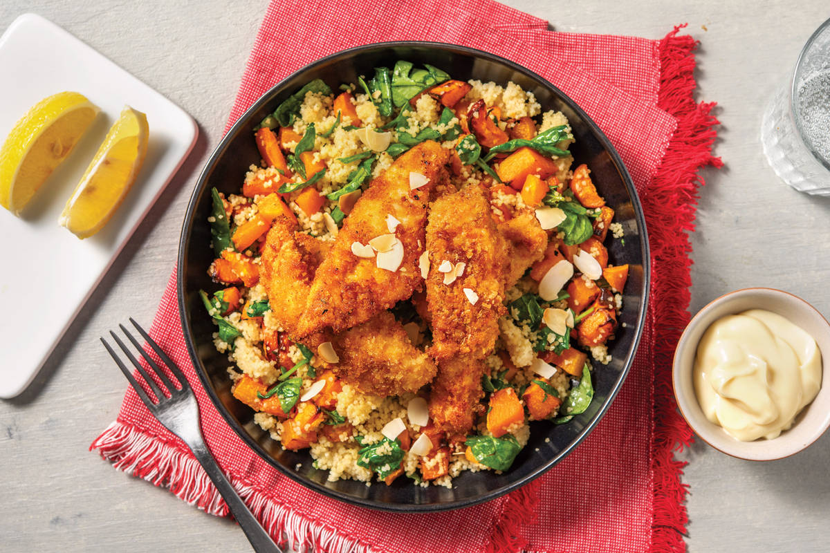 Quick Crumbed Chicken & Lemony Bacon Veggie Couscous