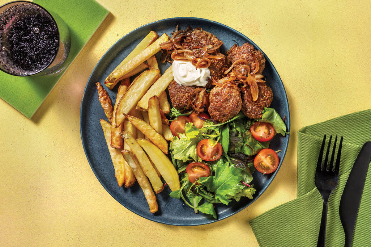 Quick Cheesy Beef Rissoles & Potato Fries