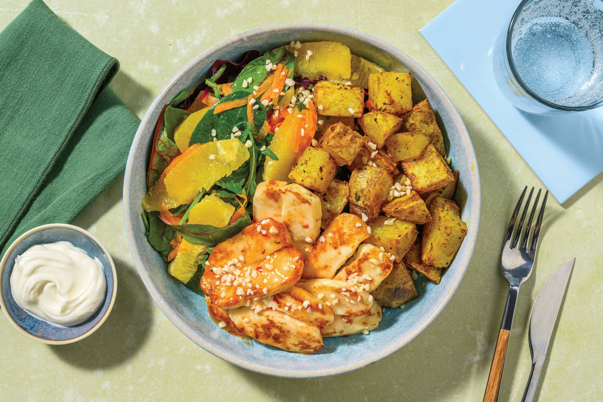 Sweet Chilli-Glazed Haloumi & Bombay Potatoes