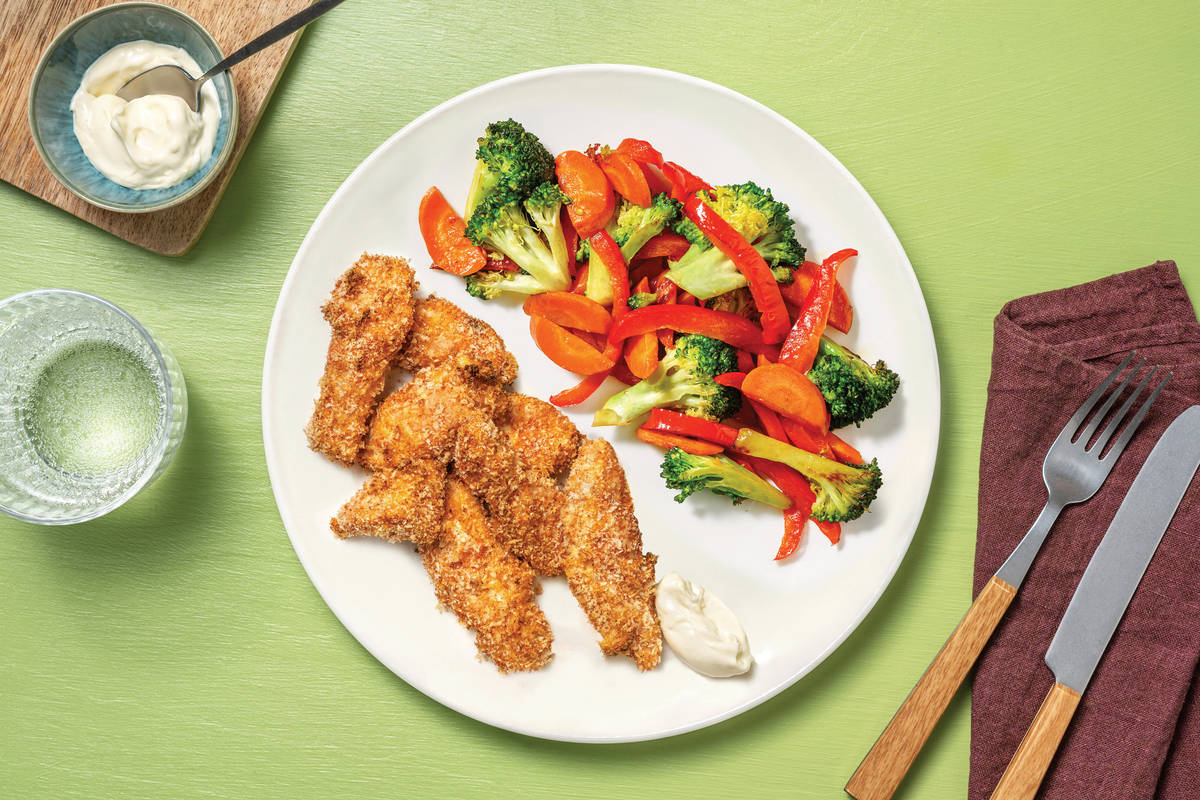Crumbed Chicken Strips & Garlic Veggies