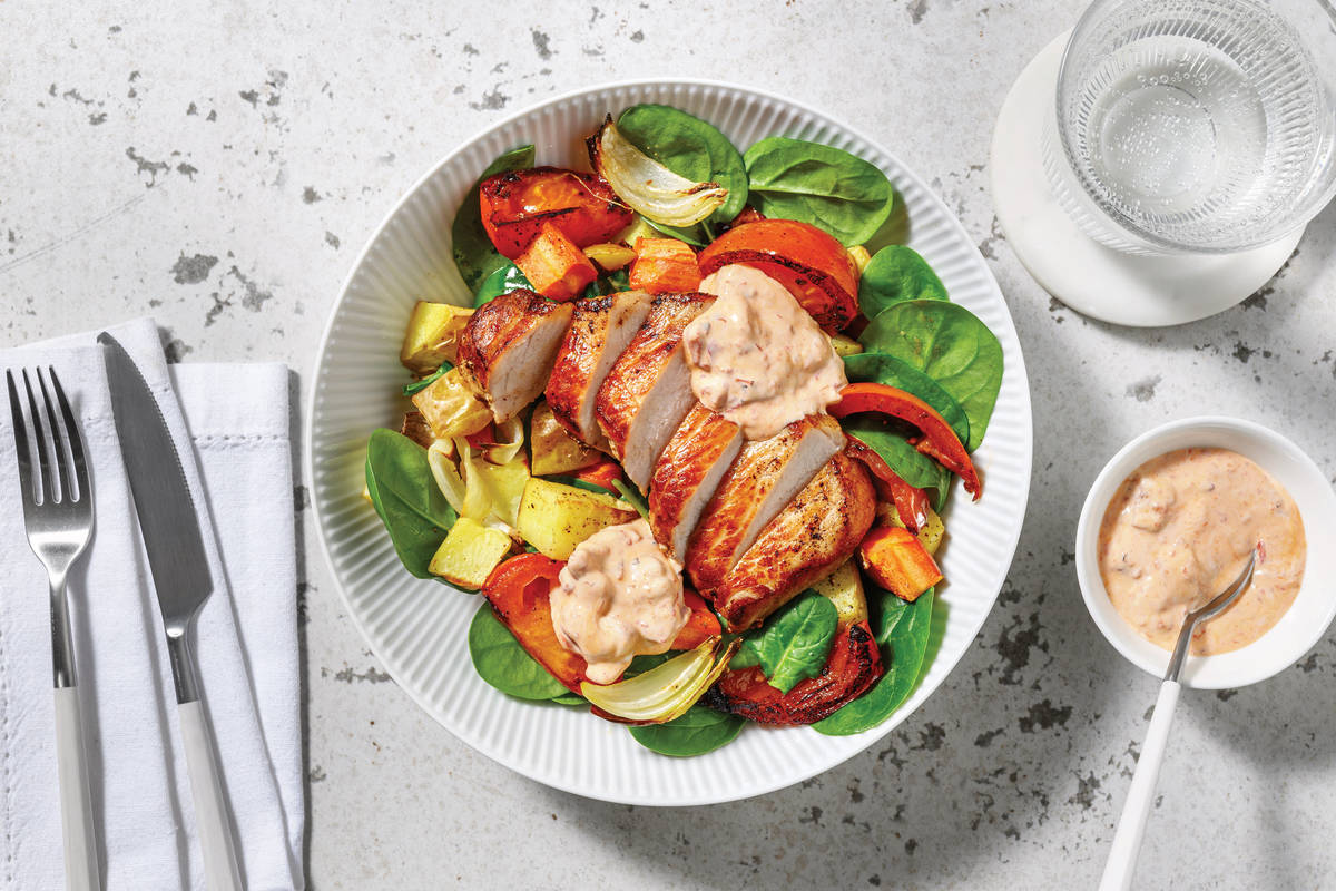 Herby Pork & Roast Veggie Toss