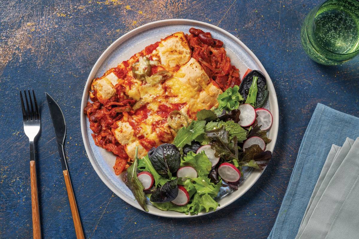 Cheesy Beef, Bean & Veggie Enchiladas 