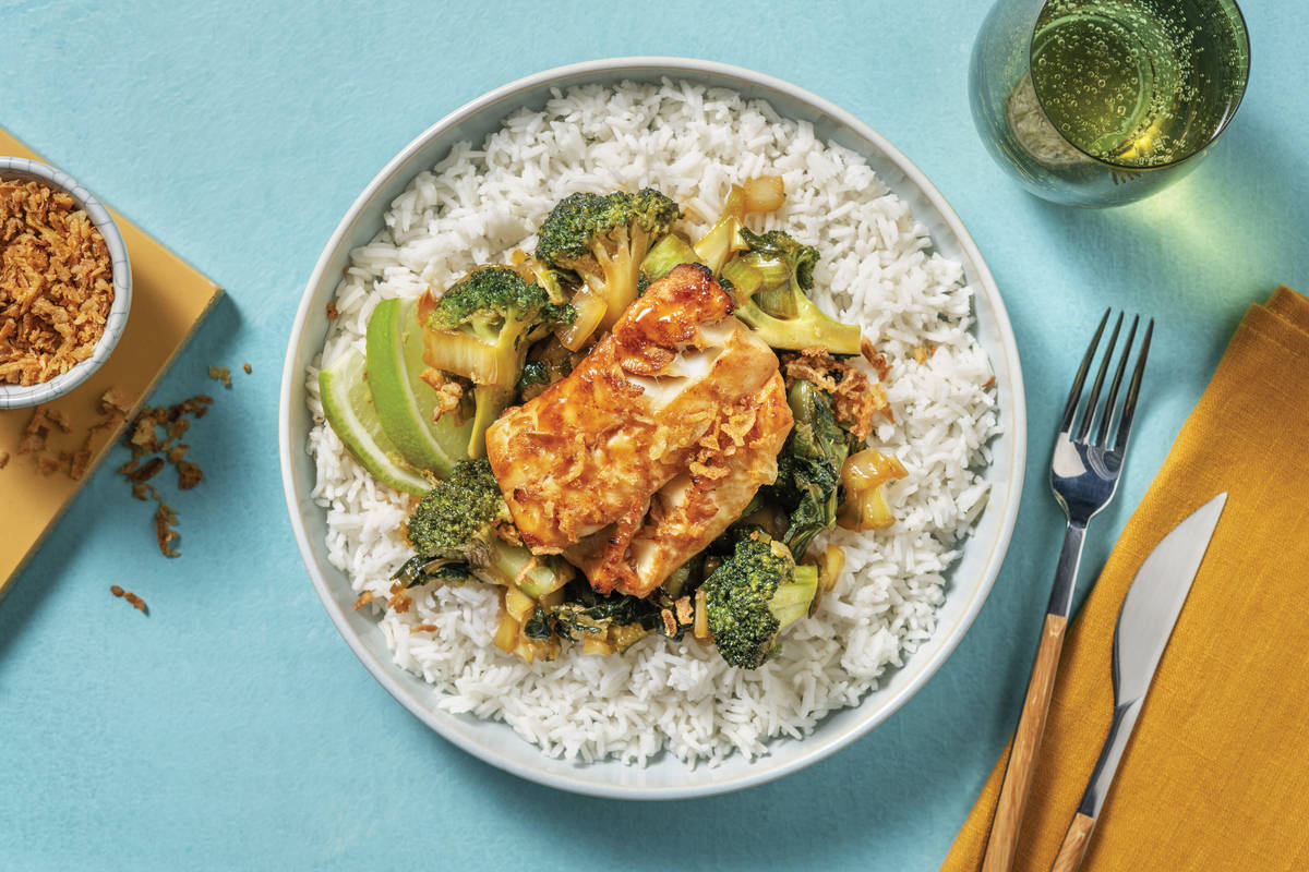 Double Seared Hoki Fillet & Honey-Soy Greens