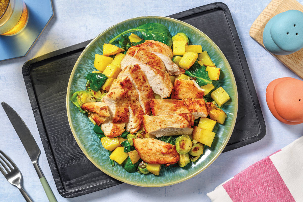 Double Spiced Chicken & Roast Brussels Salad