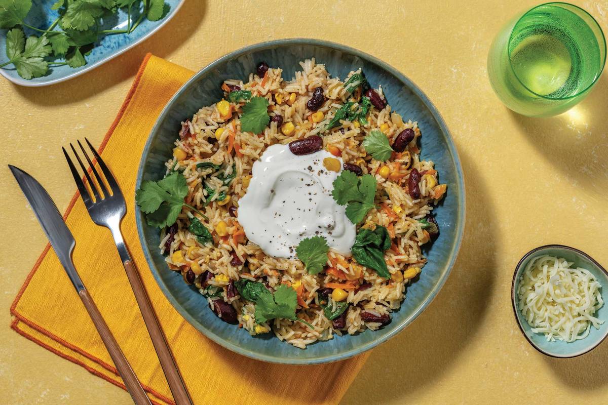 Cheesy Caribbean Bean & Veggie Rice