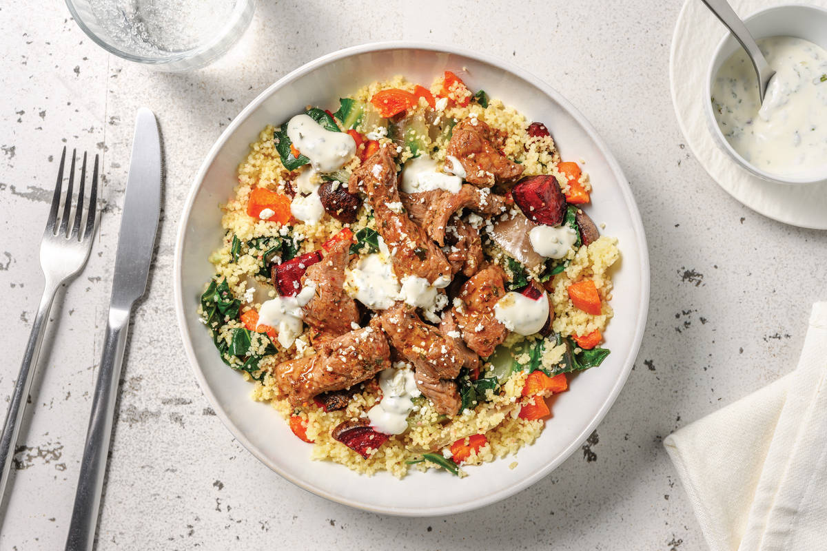 Seared Beef Strips & Roast Veggie Couscous