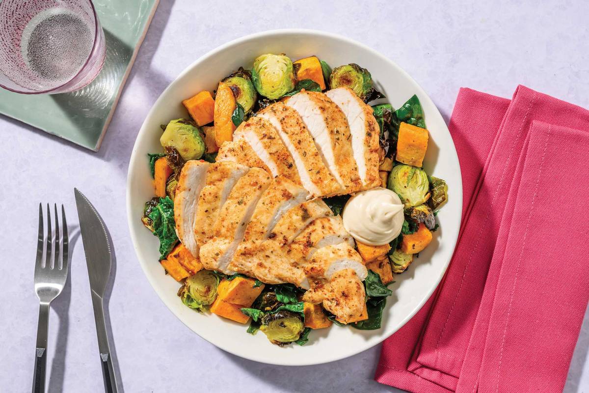 Fiesta Chicken & Cheesy Kūmara-Sprout Toss