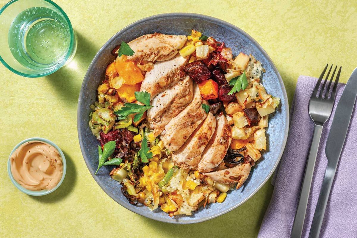Double Seared Chicken & Cheesy Roast Veggie Medley