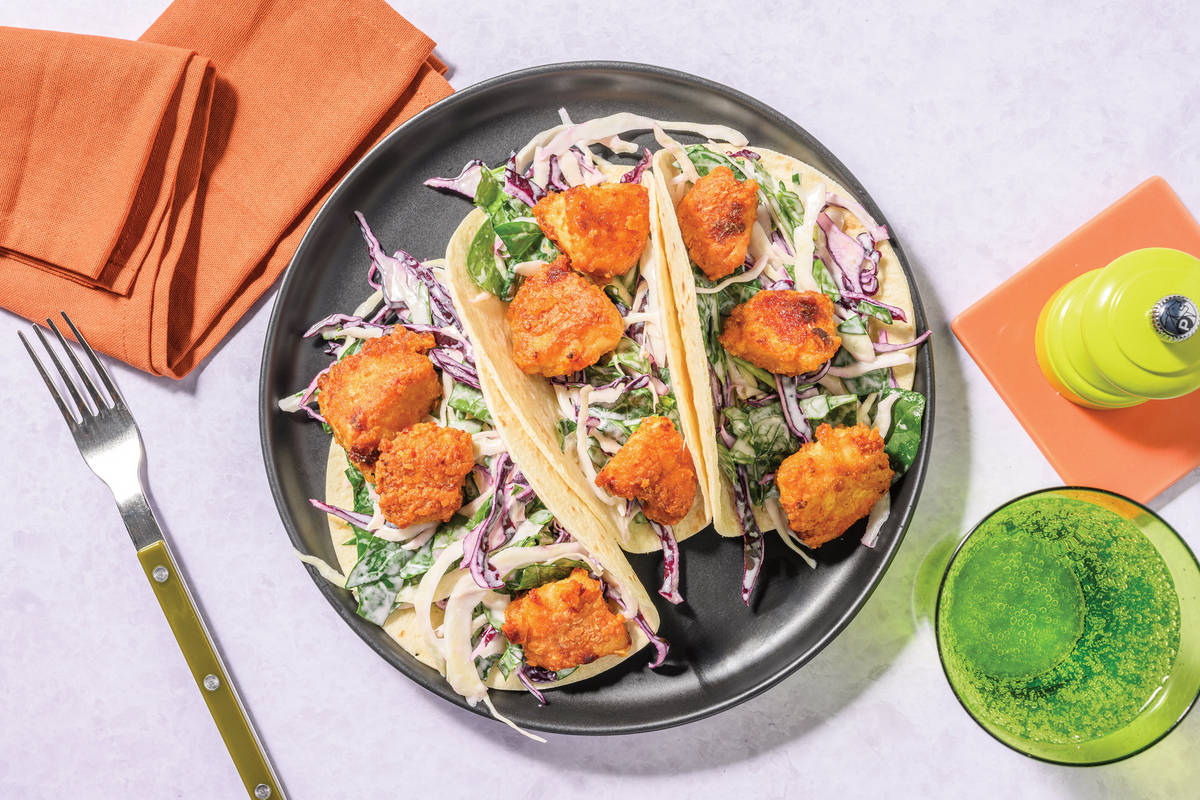 Double Sichuan Glazed Fried Chicken & Slaw Tacos