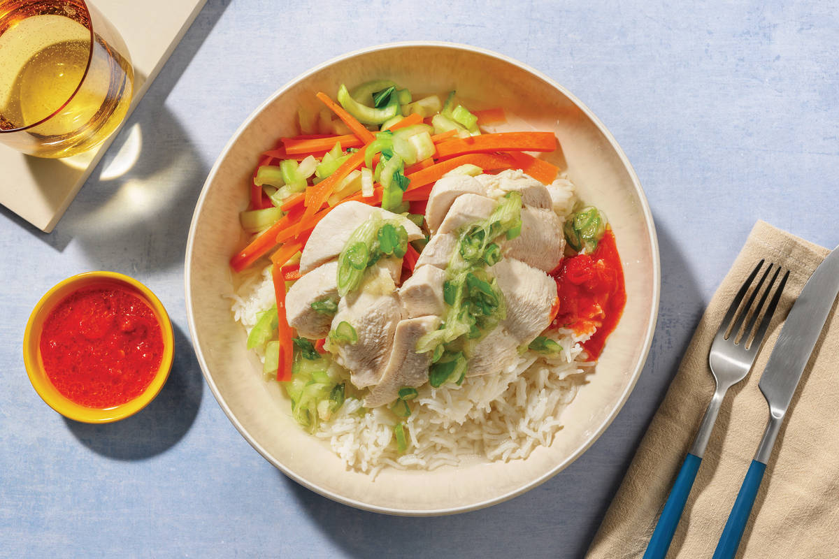 Poached Hainanese Chicken, Tofu & DIY Sambal