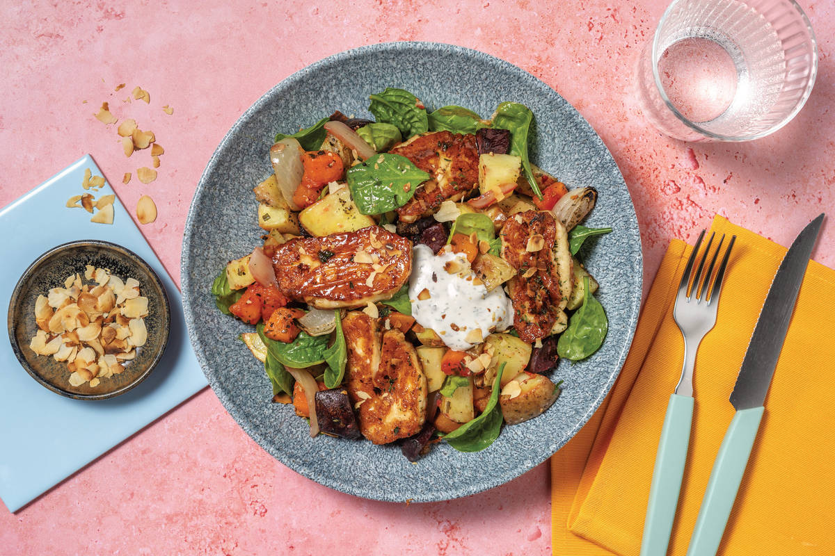 Sticky Haloumi & Garlicky Root Veggie Medley