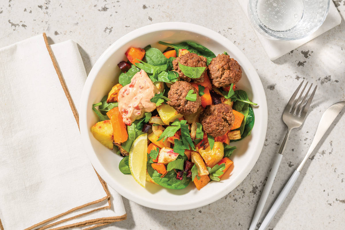Beef Meatballs & Lemony Roast Veggie Toss