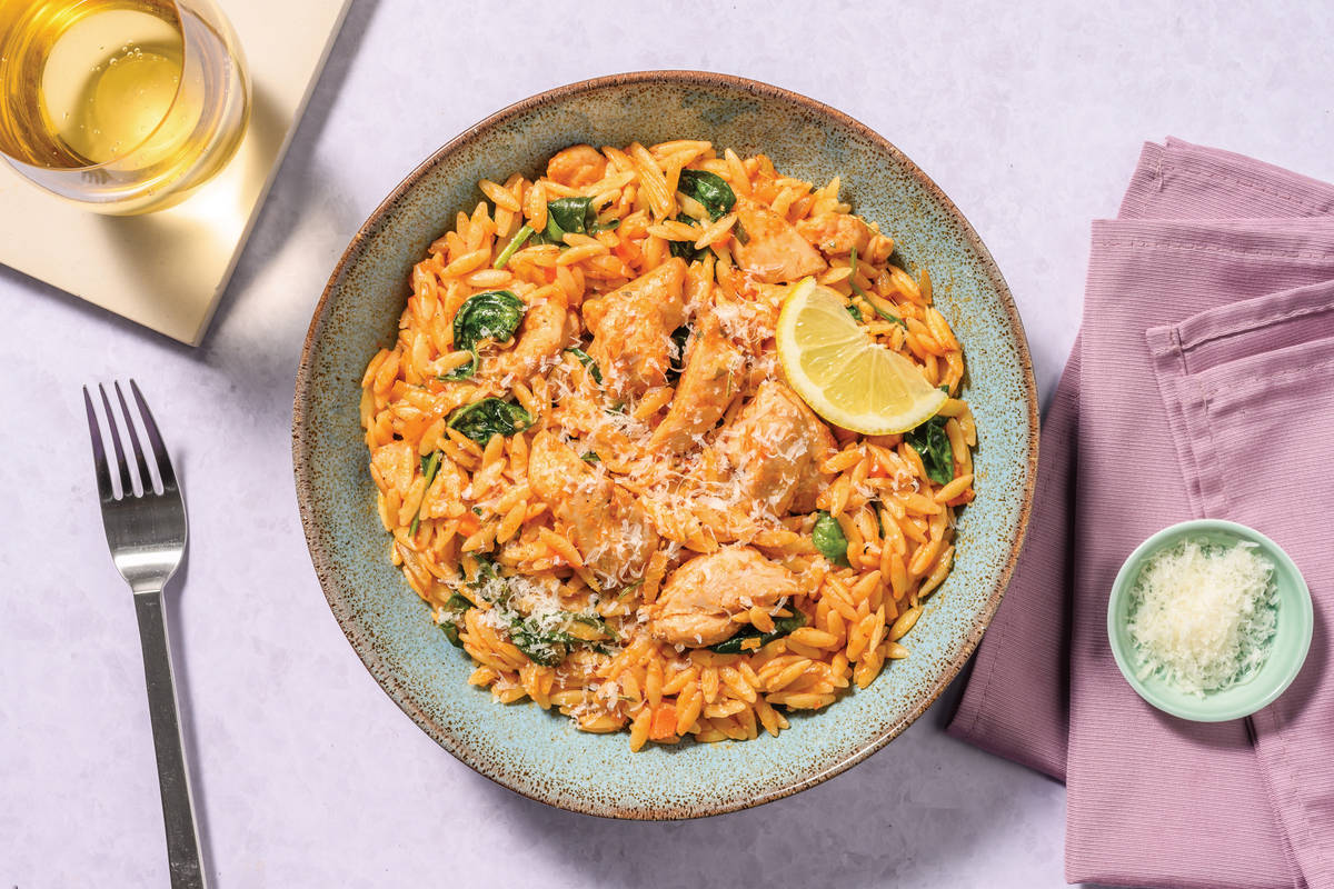 Baked Italian Chorizo, Chicken & Spinach Risoni