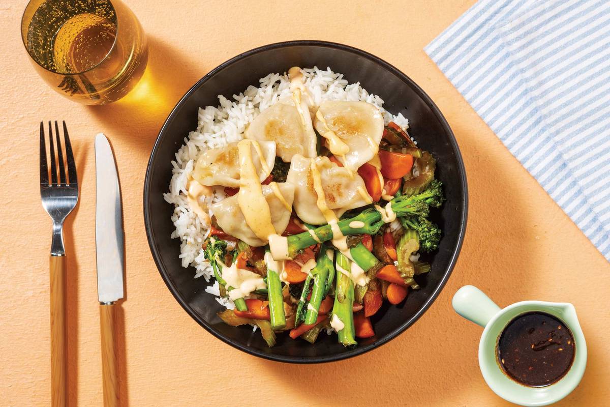 Veggie Dumplings, Bacon & Baby Broccoli Stir-Fry