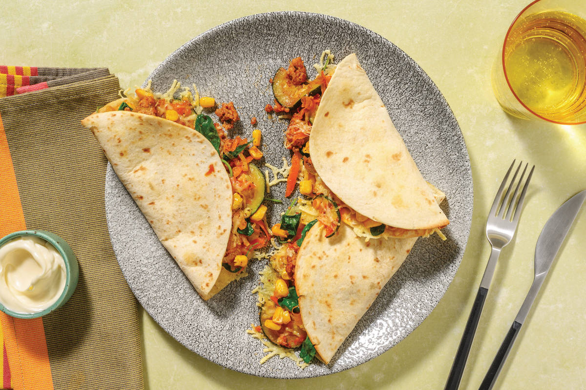 Quick Southern Cheesy Pork & Veggie Quesadillas