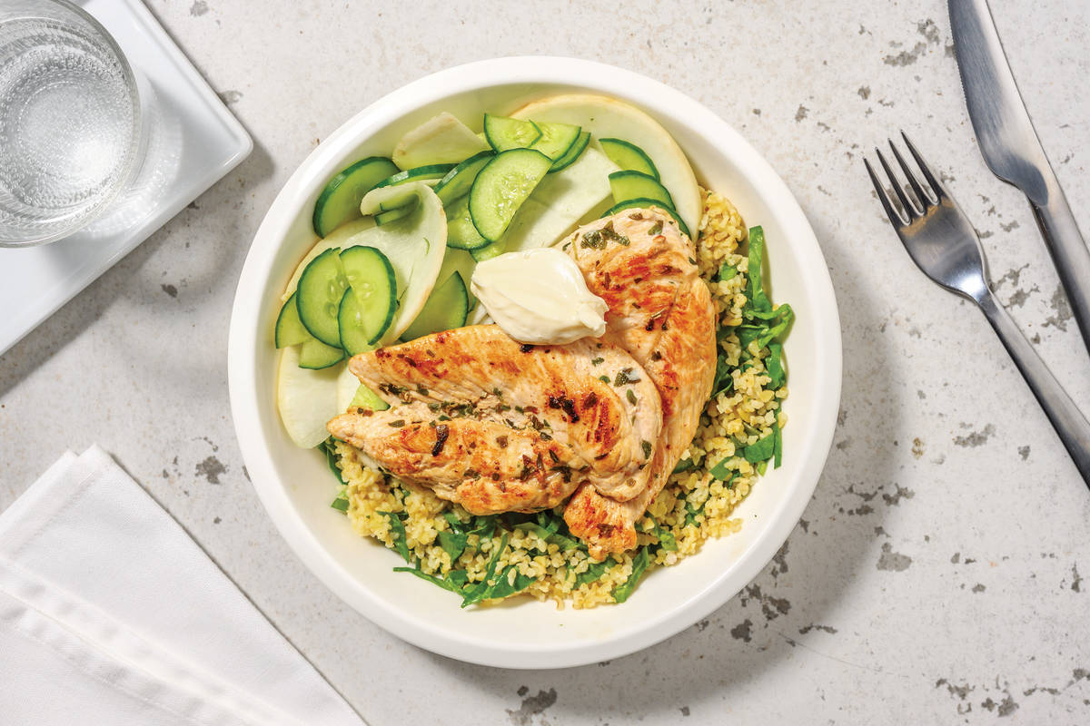 Garlicky Haloumi & Chicken Freekeh Bowl