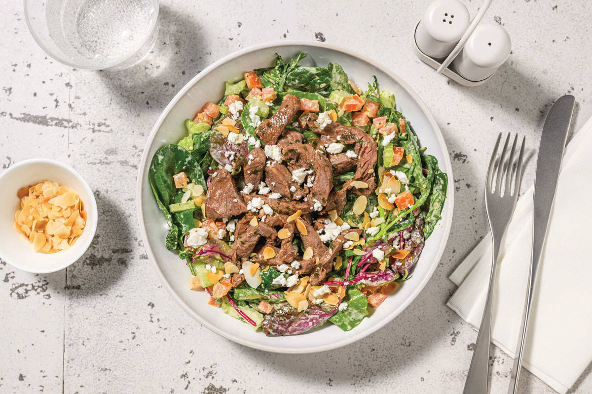 Easy Double Garlic-Herb Beef & Creamy Pesto Salad