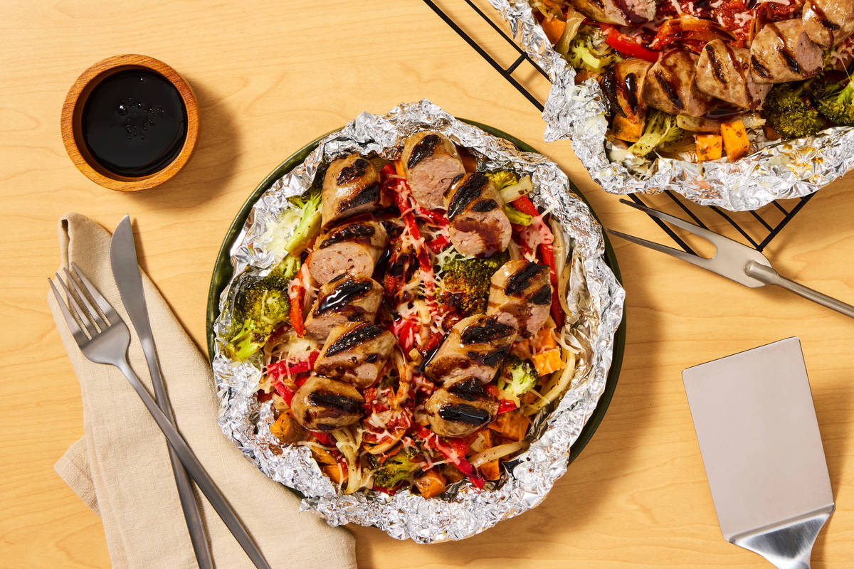 Grilled Pork Sausage & Cheesy Veggie Packets
