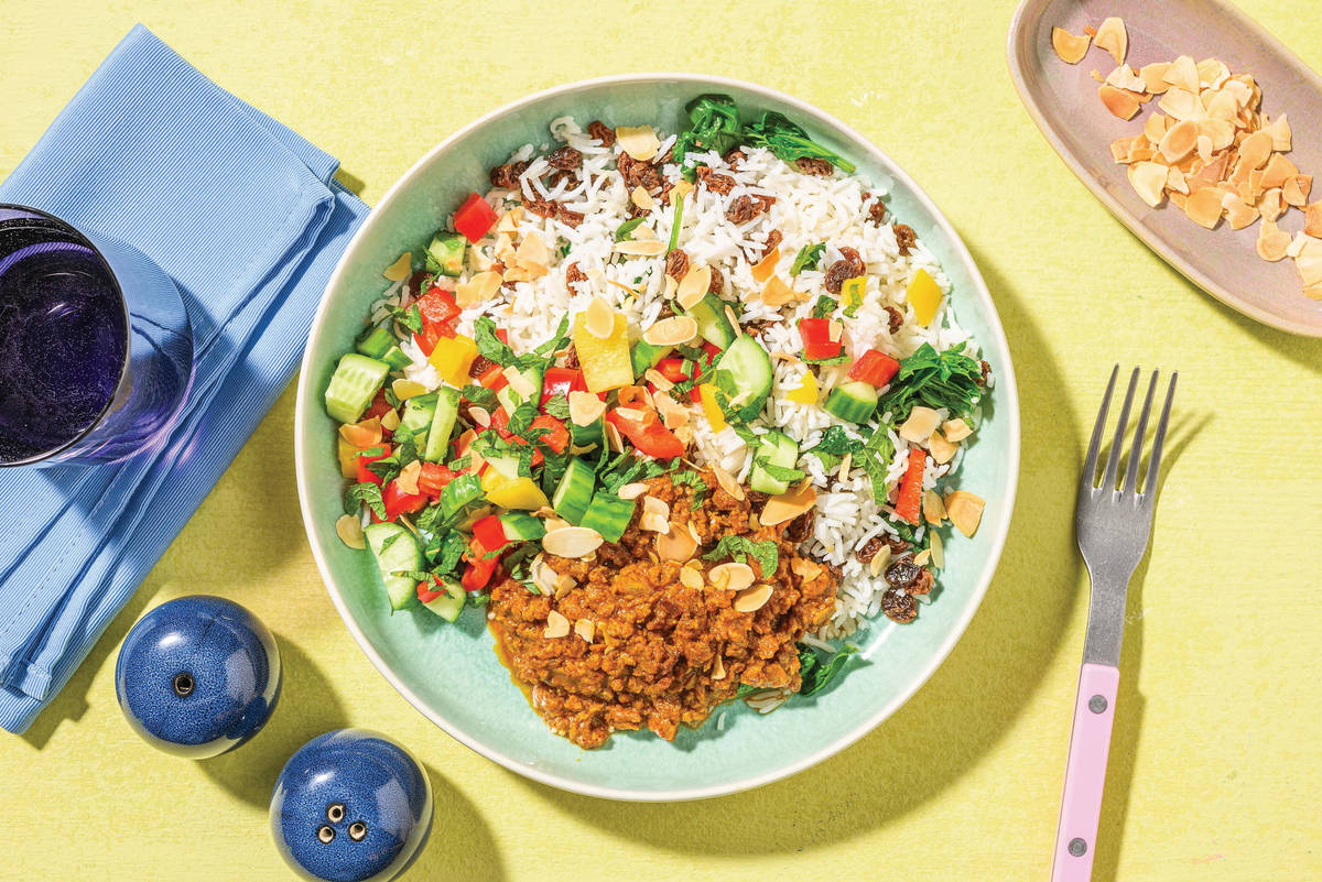 Moroccan Plant-Based Mince, Haloumi & Spinach Rice