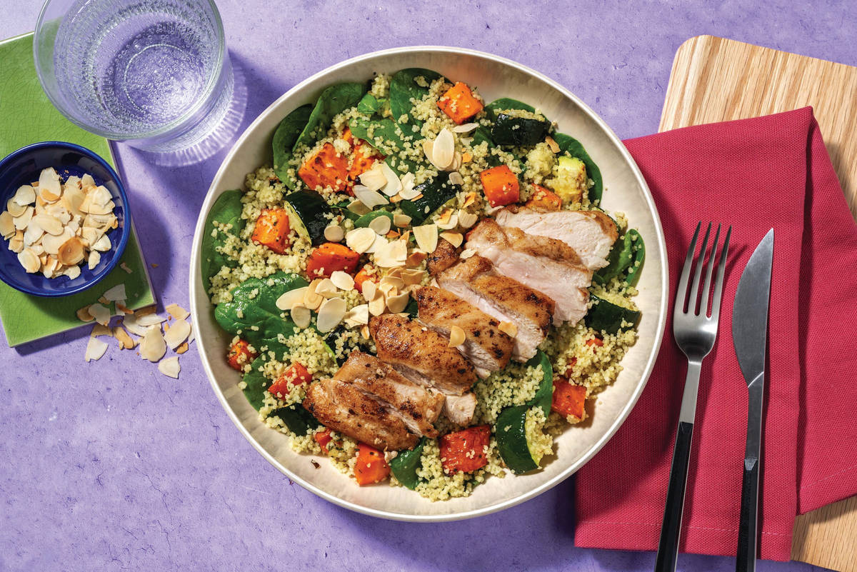 Garlicky Chicken & Basil Pesto Couscous