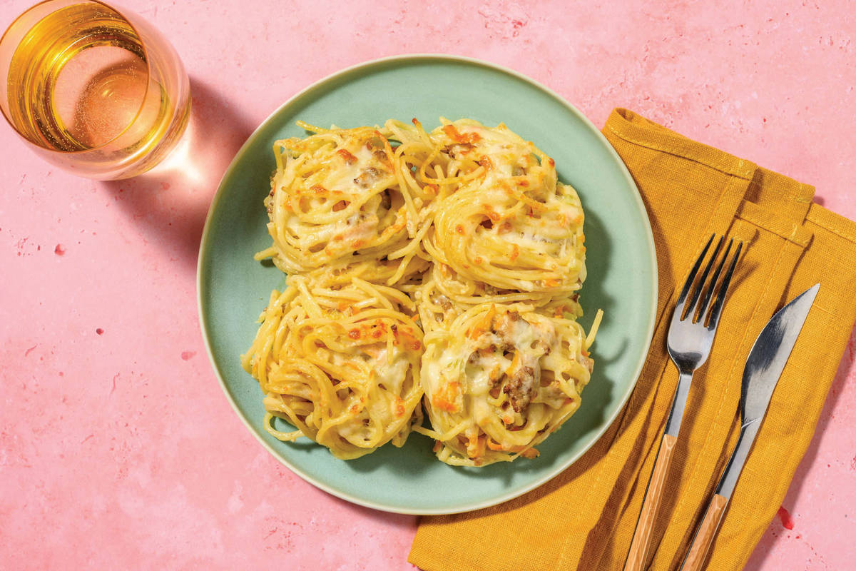 Creamy Beef & Veggie Baked Pasta Nests