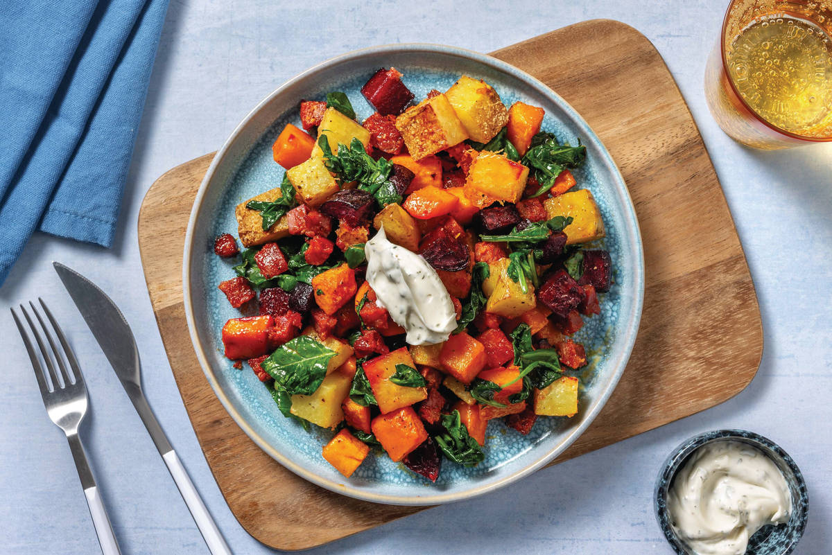 HelloHero: Quick Chorizo, Chicken & Root Veggie Traybake