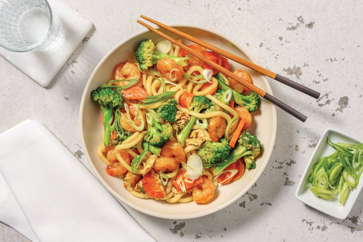 Double Southeast Asian-Style Prawn Udon Noodles