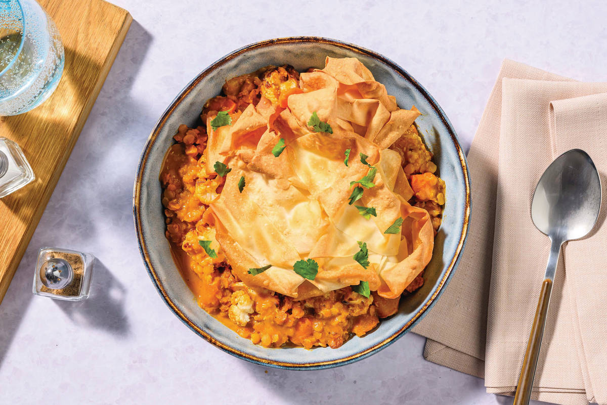 Indian Lentil, Chicken & Cauliflower Dhal Filo Pie