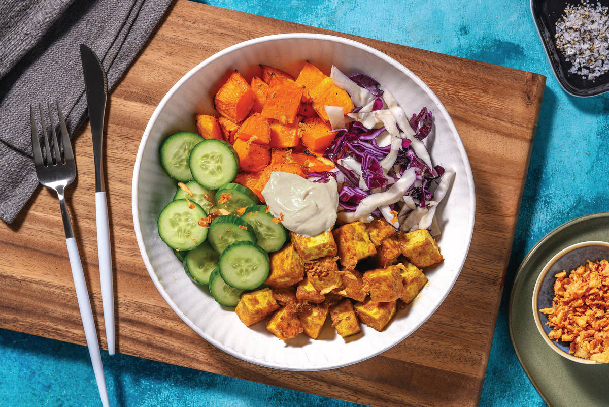 Asian-Glazed Tofu, Chicken & Veggie Buddha Bowl