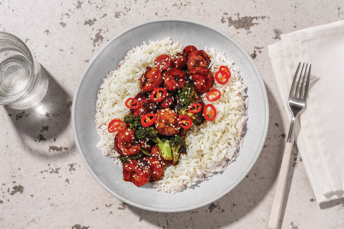Quick Sesame Honey Prawns & Garlic Veggies