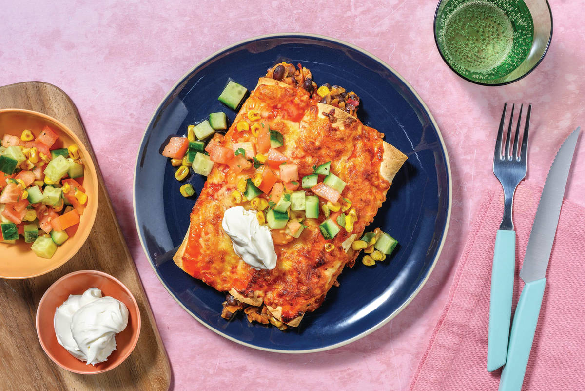 Saucy Beef Mexican Chickpea Enchiladas
